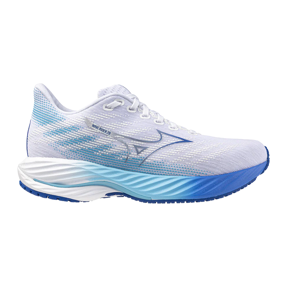 Women's Mizuno Wave Rider 28, White/Mugen Blue, 7 B Medium